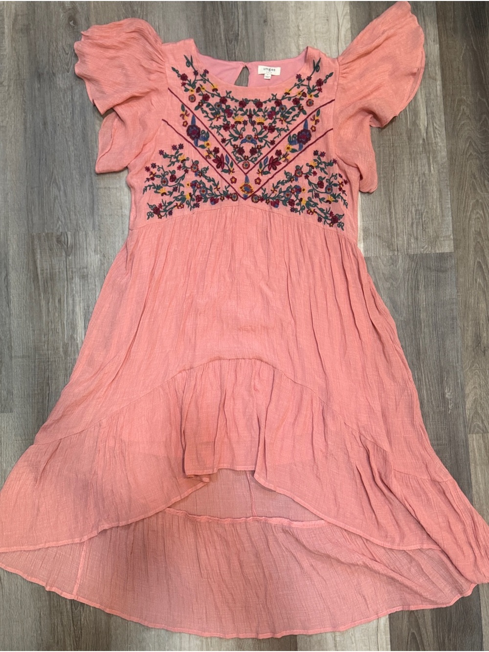 Pink Embroidered Flutter-Sleeve High Low Maxi Dress